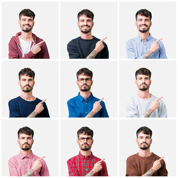 Collage Joven Sobre Fondo Aislado Señalando Con Dedo Mano Lado —  Fotos de Stock