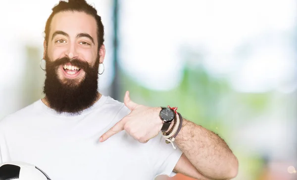 Young Man Long Hair Bear Holding Soccer Football Ball Surprise — Stock Photo, Image