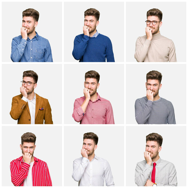 Collage of handsome young business man wearing different looks over white isolated background looking stressed and nervous with hands on mouth biting nails. Anxiety problem.