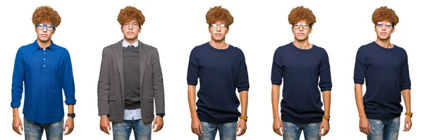 Koláž Mladých Obchodní Muž Nosí Brýle Izolované Bílém Pozadí Vážným — Stock fotografie