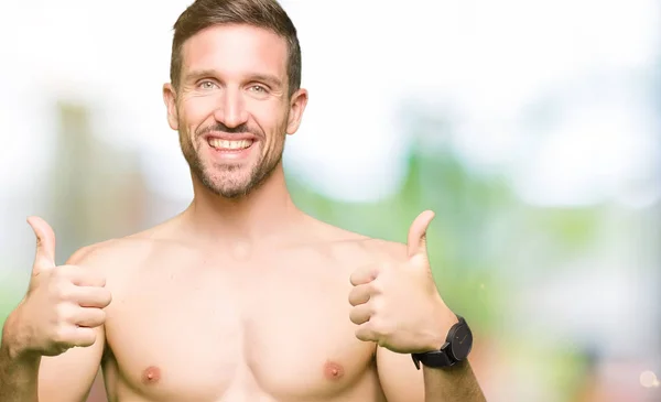 Handsome Shirtless Man Showing Nude Chest Success Sign Doing Positive — Stock Photo, Image
