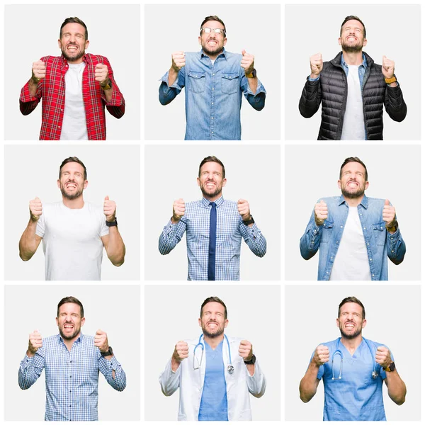 Collage Attractive Young Man White Isolated Background Excited Success Arms — Stock Photo, Image