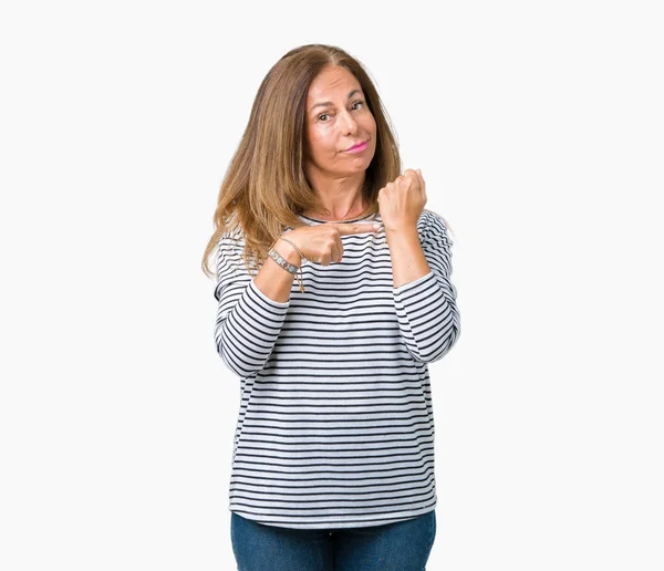 Schöne Frau Mittleren Alters Trägt Streifen Pullover Über Isoliertem Hintergrund — Stockfoto