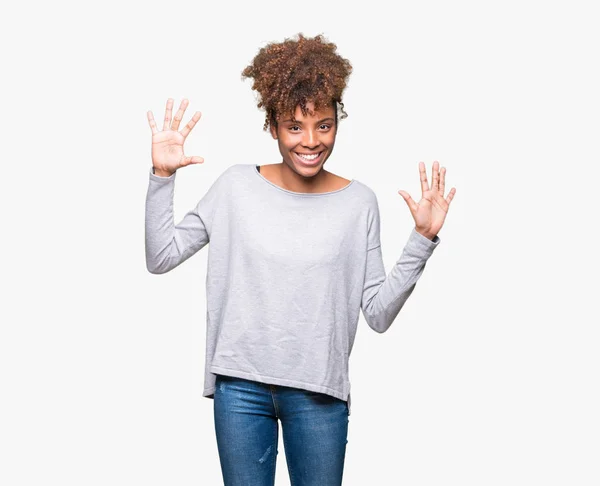 Красивая Молодая Африканская Американка Изолированном Фоне Показывает Показывает Пальцами Номер — стоковое фото