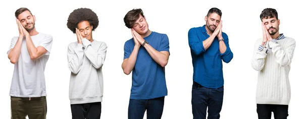 Collage Van Groep Mensen Witte Geïsoleerde Achtergrond Slapen Moe Dromen — Stockfoto