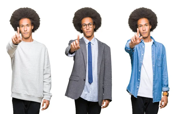 Collage Giovane Uomo Con Capelli Afro Sfondo Bianco Isolato Indicazione — Foto Stock