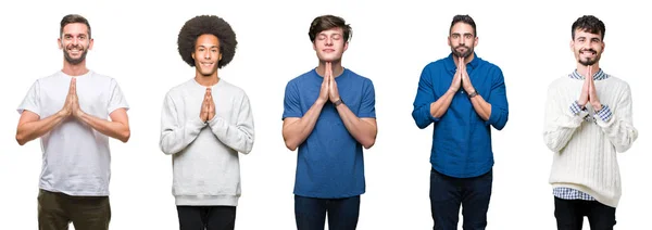 Collage Gruppo Persone Sfondo Bianco Isolato Pregando Con Mani Insieme — Foto Stock