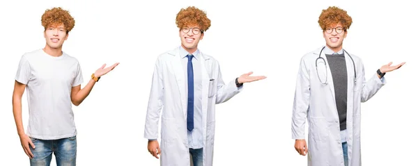 Collage Giovane Medico Uomo Indossa Cappotto Medico Sfondo Bianco Isolato — Foto Stock