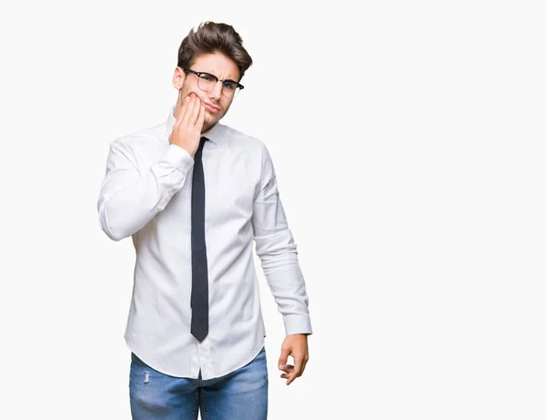 Junger Geschäftsmann Mit Brille Über Isoliertem Hintergrund Der Den Mund — Stockfoto