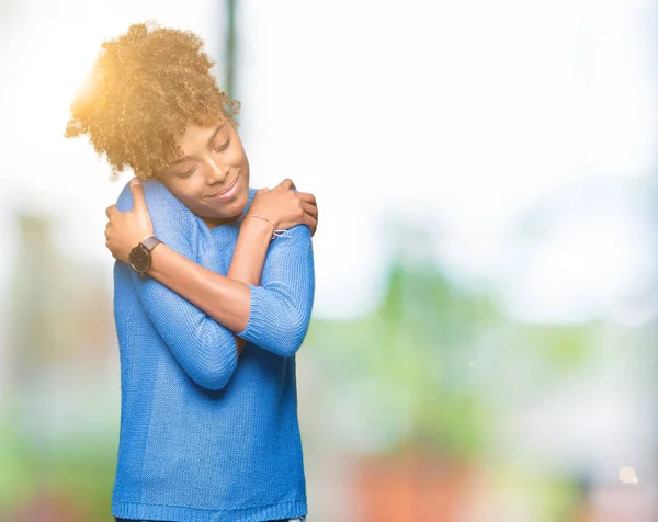 Beautiful Young African American Woman Isolated Background Hugging Oneself Happy — Stock Photo, Image