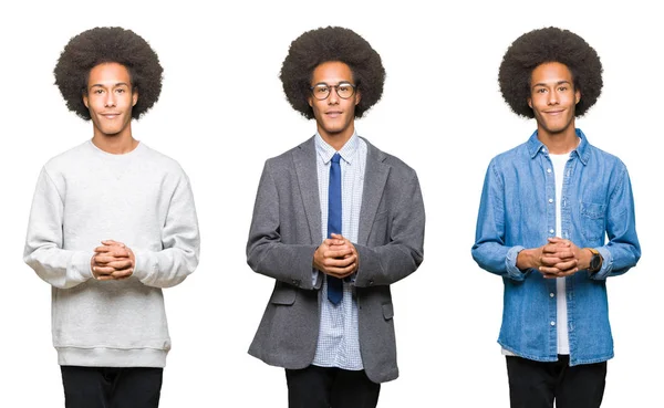 Collage Young Man Afro Hair White Isolated Background Hands Together — Stock Photo, Image