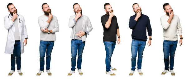 Collage Eines Jungen Mannes Mit Dutt Über Weißem Isoliertem Hintergrund — Stockfoto