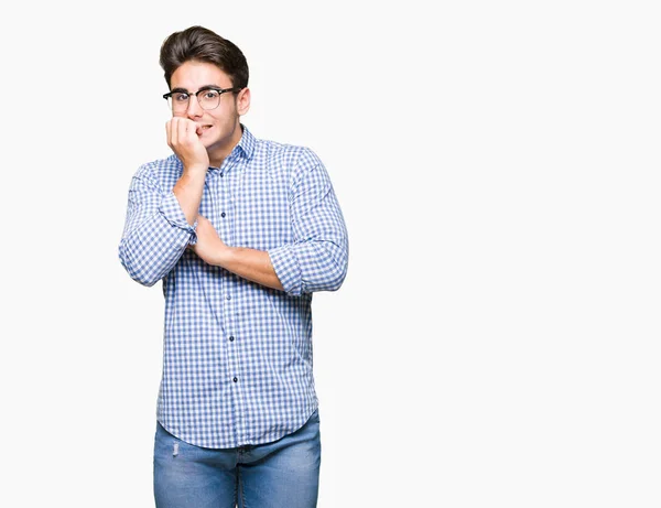 Ung Vacker Man Glasögon Över Isolerade Bakgrund Ser Stressad Och — Stockfoto