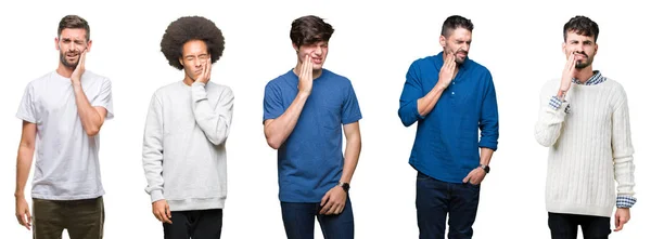 Collage Grupp Människor Över Vit Isolerad Bakgrund Röra Munnen Med — Stockfoto
