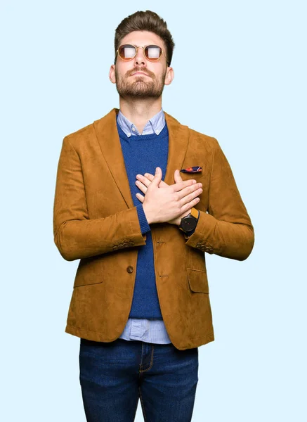 Young Handsome Elegant Man Wearing Sunglasses Smiling Hands Chest Closed — Stock Photo, Image