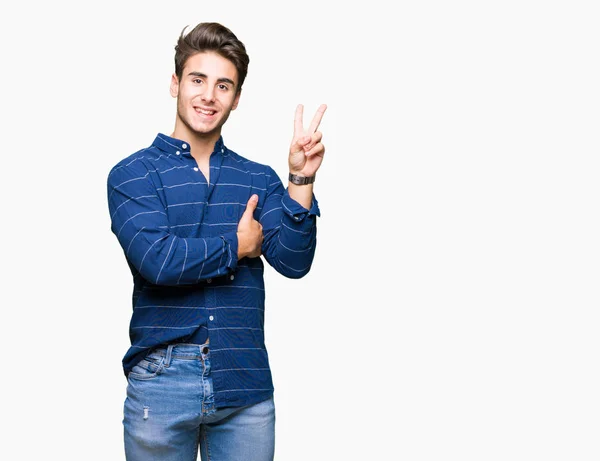 Mladý Pohledný Muž Nosí Námořnické Tričko Izolované Pozadí Usmívající Smajlík — Stock fotografie