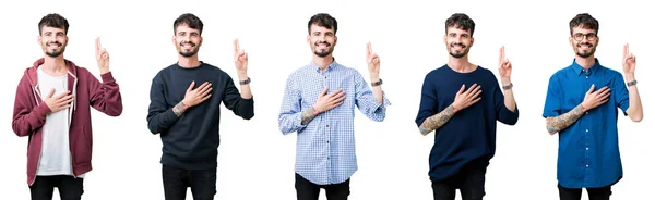 Collage Van Jonge Man Geïsoleerde Achtergrond Vloeken Met Hand Borst — Stockfoto