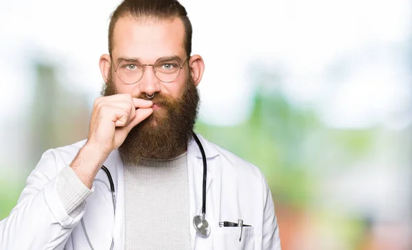 Young Blond Doctor Man Beard Wearing Medical Coat Mouth Lips — Stock Photo, Image