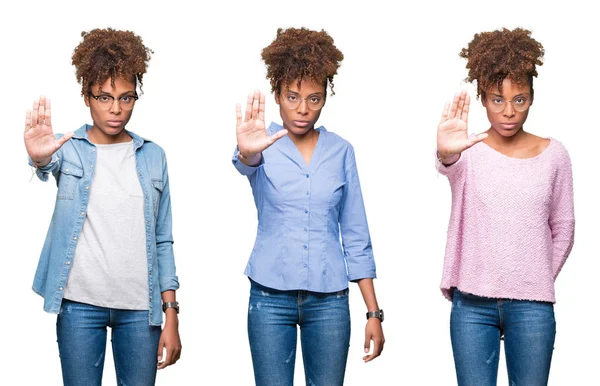 İzole arka planda genç güzel Afrikalı kız kolaj el avuç ile şarkı durdurmak yapıyor. Yüz üzerinde negatif ve ciddi jest ile uyarı ifadesi.