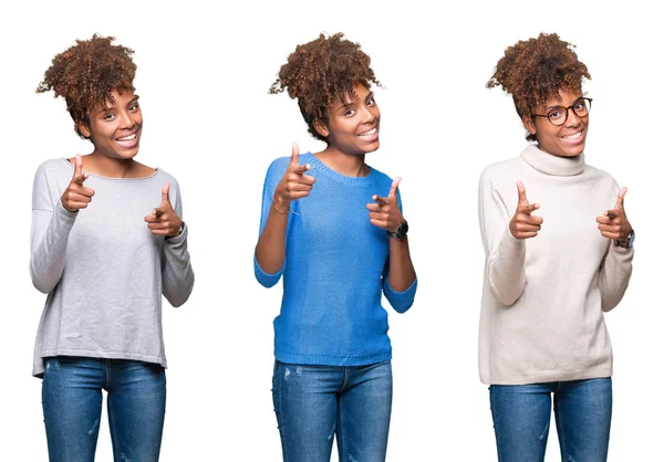 Genç Güzel Afrikalı Kız Kameraya Mutlu Komik Suratla Parmakları Işaret — Stok fotoğraf