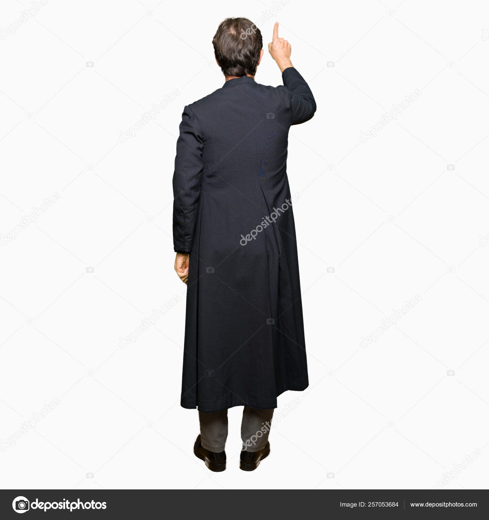 Middle Age Priest Man Wearing Catholic Robe Posing Backwards Pointing —  Stock Photo © Krakenimages.com #257053684, image size:1600x1700