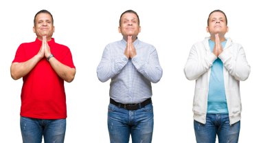 Arap orta yaş adam eliyle birlikte AF emin gülümseyen için soran dua izole arka plan kompozisyonu.