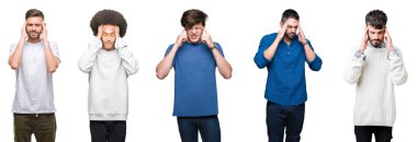 Stres nedeniyle baş ağrısı için el ile beyaz izole arka plan üzerinde insanların grup kolaj. Acı çeken migren.