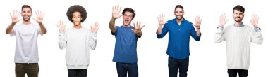 Beyaz izole arka plan üzerinde insanların kolaj gösteren ve parmakları ile işaret on numara emin ve mutlu gülümserken.