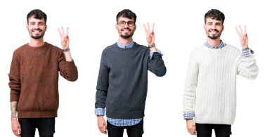 Kolaj genç adam izole arka planda gösteren bir kazak giyiyor ve parmak sayısı üç ile işaret kadar emin ve mutlu gülümseyen.