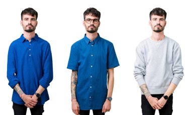 Kolaj izole arka plan gevşek yüzünde ciddi bir ifade ile genç adam. Basit ve doğal kameraya bakıyor.