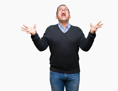 İzole arka plan üzerinde yakışıklı orta yaş adam çılgın kutluyor ve başarı için hayran silah kaldırdı ve açık gözleri heyecanlı çığlık. Kazanan kavramı