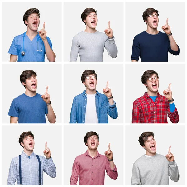 Collage Ung Man Över Vit Isolerade Bakgrund Pekar Finger Med — Stockfoto