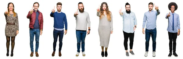 Collage Personer Över Vita Isolerade Bakgrund Peka Med Fingret Upp — Stockfoto