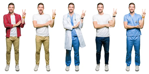 Collage Jeune Homme Séduisant Sur Fond Blanc Isolé Souriant Avec — Photo