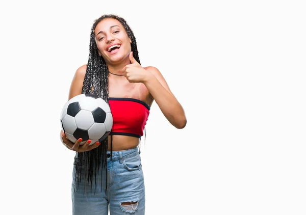 Joven Cabello Trenzado Afroamericano Con Marca Nacimiento Sosteniendo Pelota Fútbol — Foto de Stock