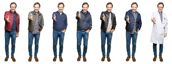 Collage Hombre Guapo Mediana Edad Con Diferentes Miradas Sobre Fondo —  Fotos de Stock