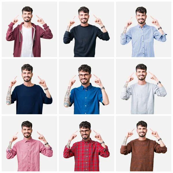 Collage Jeune Homme Sur Fond Isolé Sourire Pointant Tête Avec — Photo