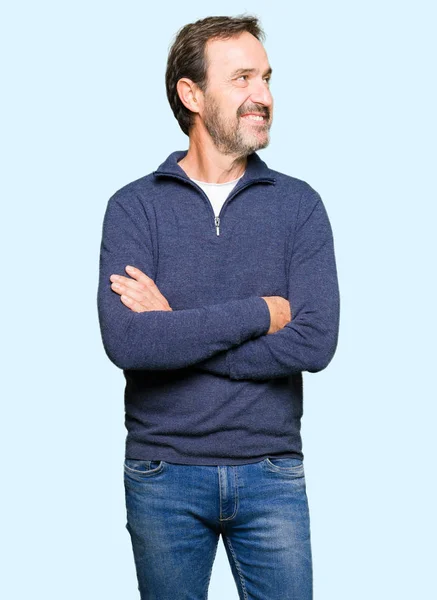 Middle Age Handsome Man Wearing Sweater Smiling Looking Side Staring — Stock Photo, Image