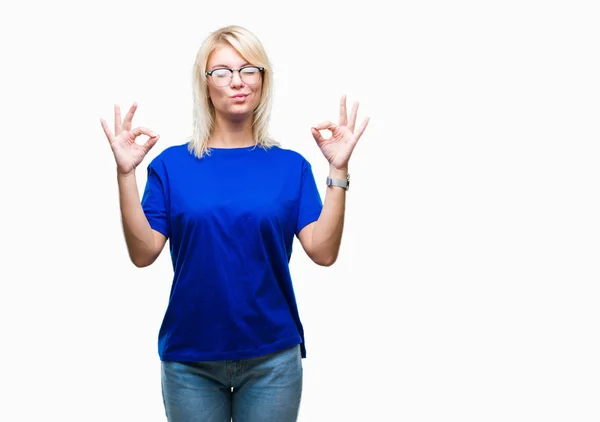 Unga Vackra Blonda Kvinnan Bär Glasögon Över Isolerade Bakgrund Koppla — Stockfoto
