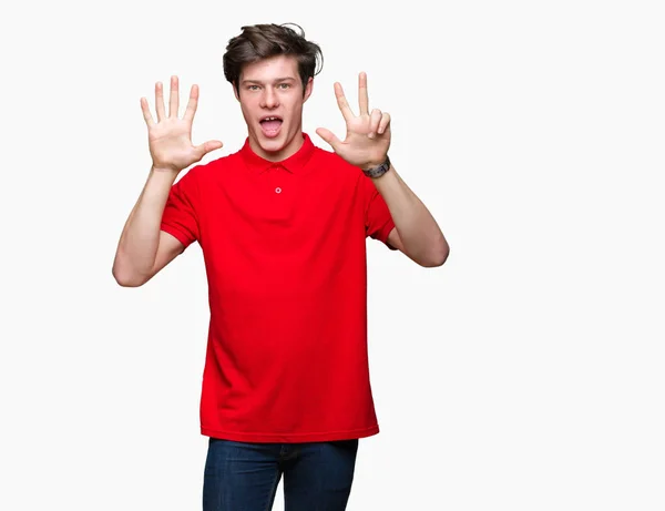 Jeune Bel Homme Portant Shirt Rouge Sur Fond Isolé Montrant — Photo