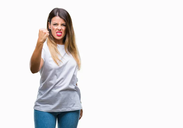 Joven Hermosa Mujer Casual Camiseta Blanca Sobre Fondo Aislado Enojado —  Fotos de Stock