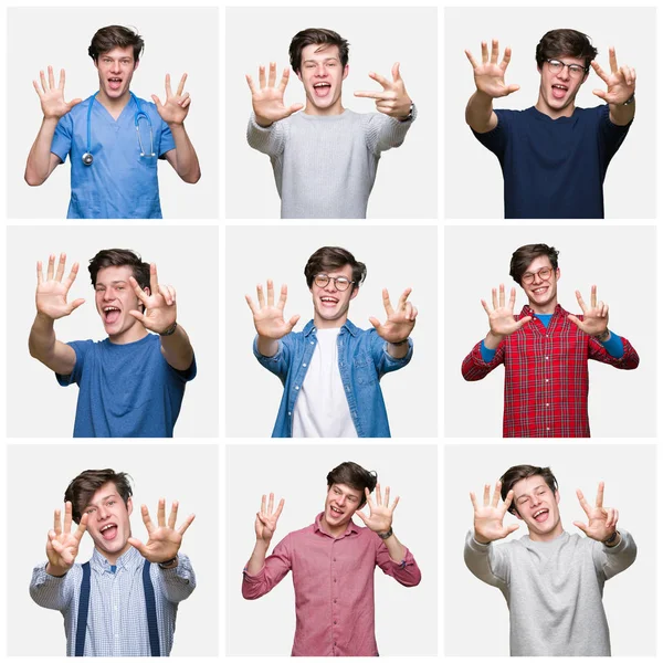 Collage Young Man White Isolated Background Showing Pointing Fingers Number — Stock Photo, Image