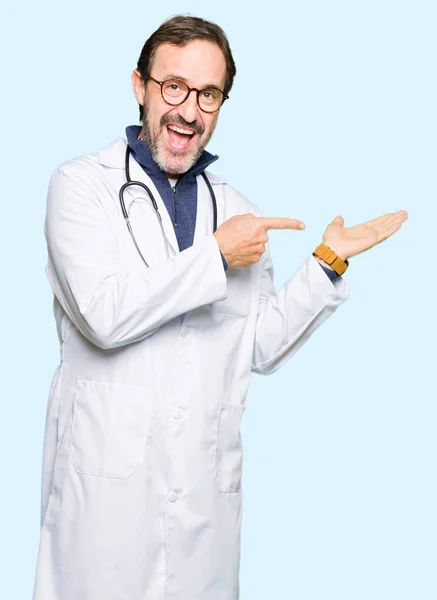 Handsome Middle Age Doctor Man Wearing Medical Coat Amazed Smiling — Stock Photo, Image