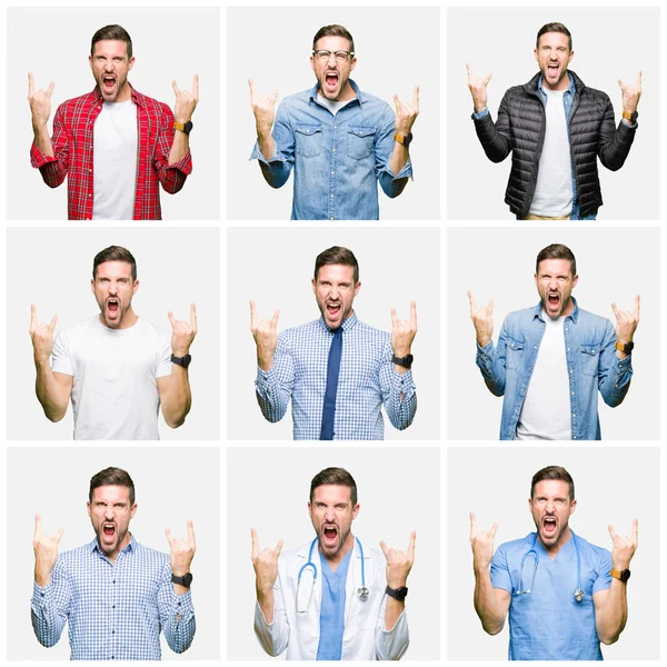 Collage Attractive Young Man White Isolated Background Shouting Crazy Expression — Stock Photo, Image