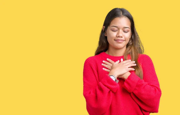 Mulher Morena Bonita Nova Vestindo Suéter Inverno Vermelho Sobre Fundo — Fotografia de Stock