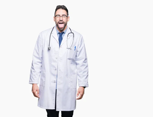 Handsome Young Doctor Man Isolated Background Sticking Tongue Out Happy — Stock Photo, Image