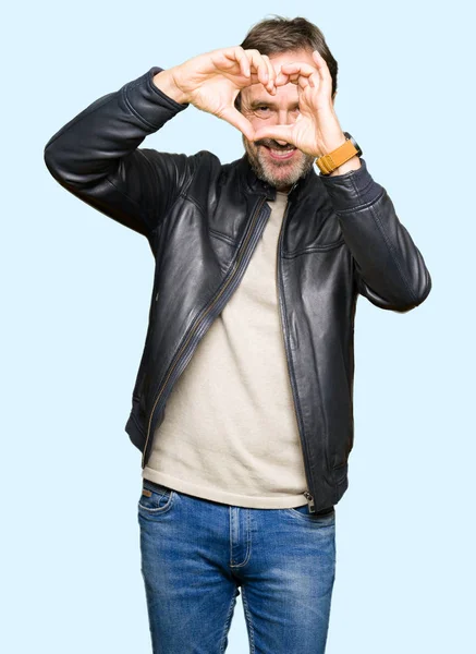 Middle Age Handsome Man Wearing Black Leather Jacket Doing Heart — Stock Photo, Image