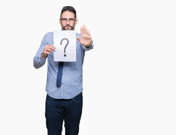 Handsome Young Business Man Holding Paper Question Mark Isolated Background — Stock Photo, Image