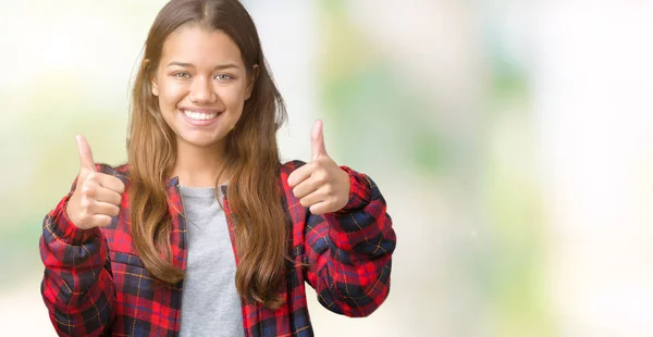 Young Beautiful Brunette Woman Wearing Jacket Isolated Background Success Sign — Stock Photo, Image