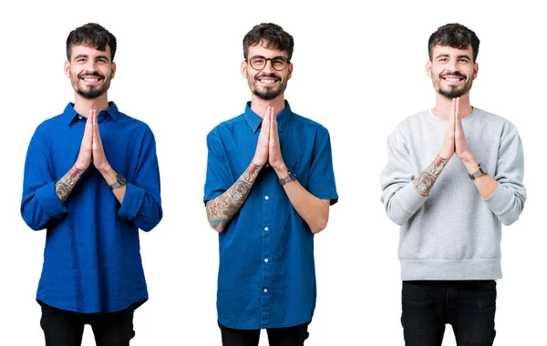 Colagem Jovem Sobre Fundo Isolado Orando Com Mãos Juntas Pedindo — Fotografia de Stock